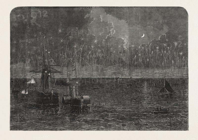 ILLUMINATION OF THE FLEETS AT SPITHEAD ON THE EVENING OF THE GRAND ADMIRALTY BANQUET, UK, 1865