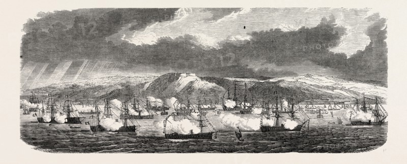 THE FRENCH AND BRITISH FLEETS AT CHERBOURG, FRANCE: SUNRISE IN THE ROADSTEAD, CHERBOURG: VIEW OF THE EARTHWORKS, THE FRENCH FLEET SALUTING, 1865
