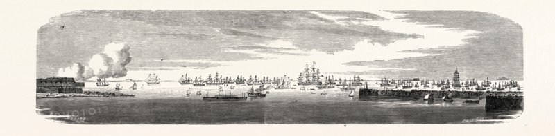 THE FRENCH AND BRITISH FLEETS AT CHERBOURG, FRANCE: VIEW OF THE ROADSTEAD AFTER THE ARRIVAL OF THE ENGLISH SQUADRON, 1865