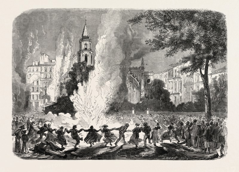 CHOLERA AT MARSEILLES, MARSEILLE, FRANCE: FIRES LIGHTED IN THE SQUARE OF THE OLD PALACE OF JUSTICE DURING THE EPIDEMIC, 1865