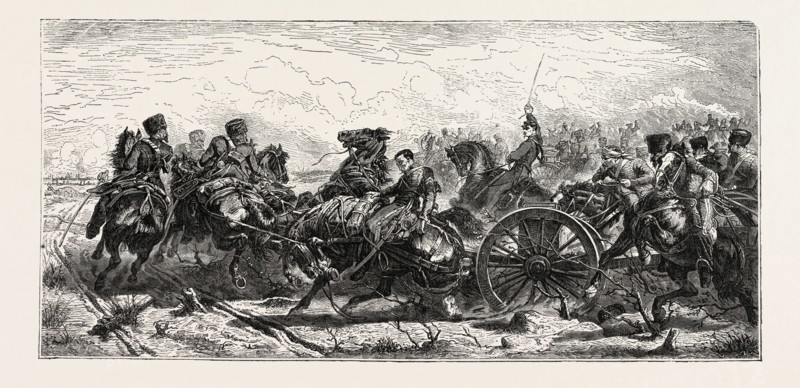 "CHARGE OF ARTILLERY OF THE FRENCH GUARD IN THE BATTLE OF TRAKTIR DURING THE CRIMEAN WAR", FROM A PAINTING BY M. SCHREYER