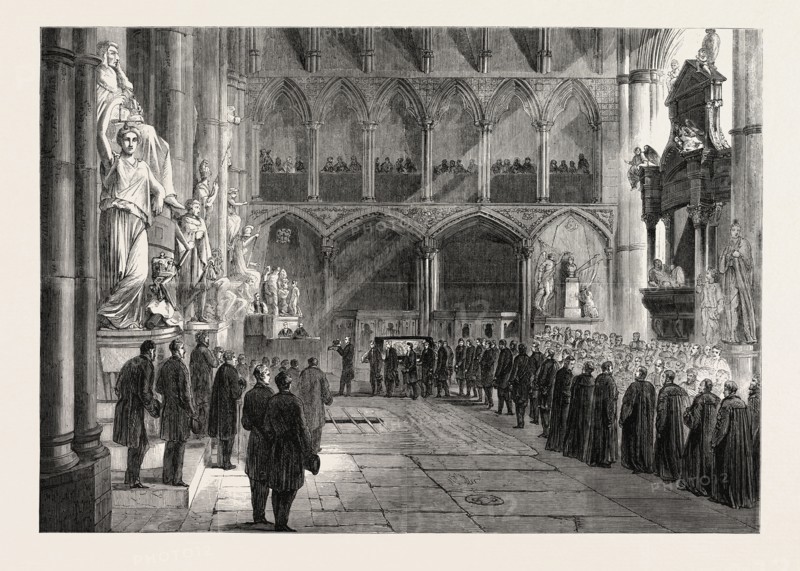 FUNERAL OF LORD PALMERSTON: THE PROCESSION TO THE GRAVE IN THE INTERIOR OF WESTMINSTER ABBEY, LONDON, UK, 1865