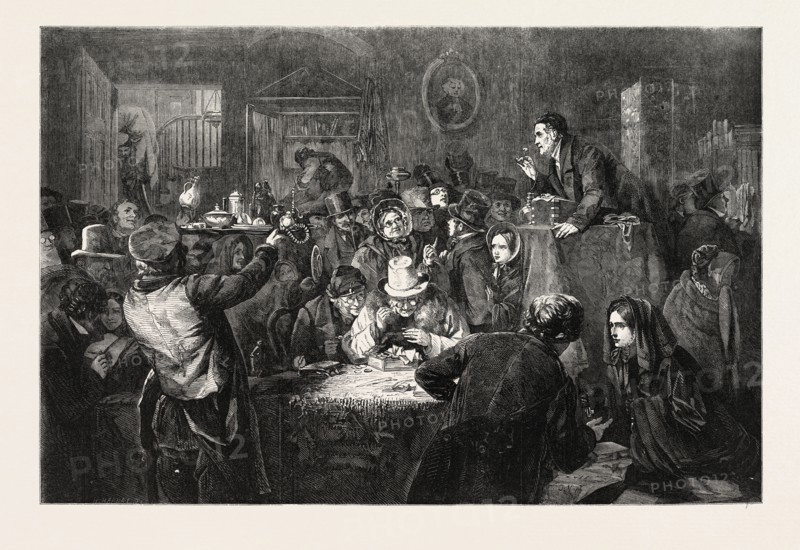 "THE LAST DAY OF THE SALE", FROM A PAINTING BY G.B. O'NEILL, IN THE EXHIBITION OF THE ROYAL ACADEMY, UK, 1857