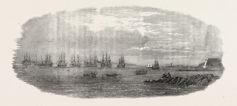 DEPARTURE OF THE OCEAN FRENCH FLEET FROM BREST, FRANCE, 1854; HERCULE, 100, TOWED BY CAFFARELLI, 450 HORSE POWER; JEAN-BART, 90, 650 HORSE POWER, TOWED OUT LATER IN THE DAY, BY PRIMANGUET; AUSTERLITZ, 100, 650 HORSE POWER, REMAINS AT BREST; DUGUESCLIN, 90, TOWED OUT BY PRIMANGUET, 400 HORSE POWER REAR-ADMIRAL CHARNER'S FLAGSHIP; MONTEBELLO, 120, 160 HORSE POWER, BRUAT'S FLAGSHIP; BORDA OLD 90 MIDSHIPMEN'S SCHOOLSHIP; THETIS, OLD FRIGATE, SAILORS' BOYS' SCHOOLSHIP AND PRACTICE BRIG; ENTRANCE OF BREST HARBOUR, HORSE SHOE BATTERY, PORTSIC POINT, LIGHTHOUSE, AND BATTERY, 1854