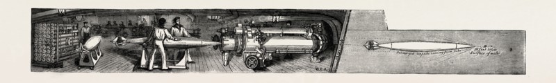 THE NEW WAR SHIP OF THE BRITISH NAVY, H.M.S. INFLEXIBLE: THE TORPEDO ROOM: PLACING A "WHITEHEAD" IN THE PNEUMATIC TUBE (9 FEET UNDER WATER) FOR LAUNCHING, 1882