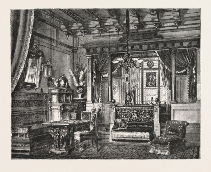 SUGGESTIONS IN DECORATIVE ART: DECORATIONS AND FURNITURE DESIGNED BY F. WIRTH'S SONS, STUTTGART, GERMANY. FROM THE WURTEMBERG EXHIBITION IN STUTTGART, 1881