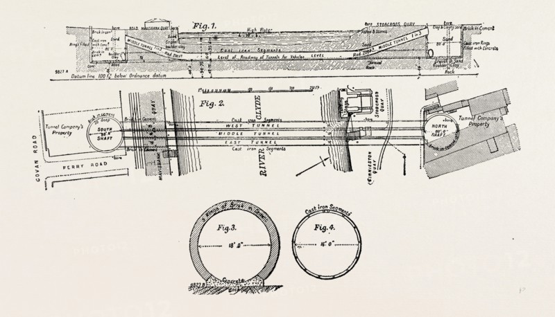 TECHNICAL DRAWING OF THE TUNNEL UNDER THE RIVER CLYDE AT GLASGOW, UK, 1890
