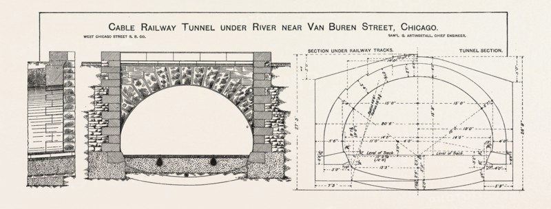 CABLE RAILWAY TUNNEL UNDER RIVER NEAR VAN BUREN STREET, CHICAGO, UNITED STATES OF AMERICA, USA, U.S., AMERICA, 1890: ELEVATION OF TUNNEL PORTAL, AND SECTION SHOWING DIMENSIONS