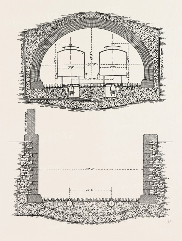 CABLE RAILWAY TUNNEL UNDER RIVER NEAR VAN BUREN STREET, CHICAGO, UNITED STATES OF AMERICA, USA, U.S., AMERICA, 1890: ORDINARY SECTION, AND SECTION OF OPEN APPROACH