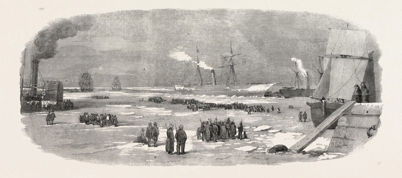 "THE NORTH SEA" STEAMER FORCING HER PASSAGE THROUGH THE ICE TO CRONSTADT, KRONSTADT, SKETCHED BY R.T. LANDELLS, RUSSIA, 1856