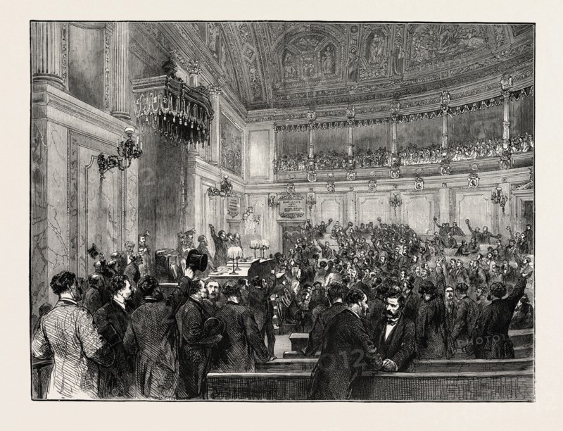 THE NEW REGIME IN SPAIN: PROCLAIMING THE REPUBLIC IN THE CORTES AT MADRID, FEBRUARY 11, 9 P.M., 1873