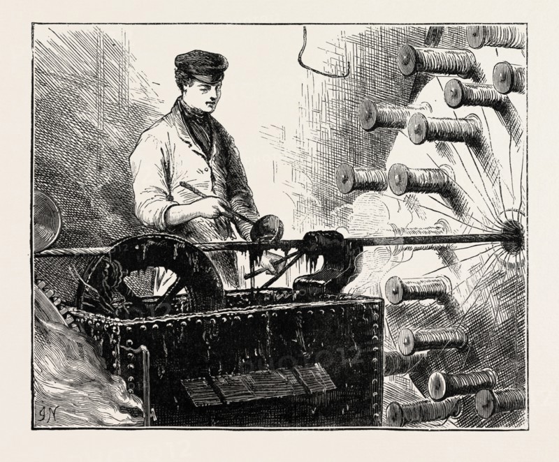 MANUFACTURING AN ELECTRIC TELEGRAPH CABLE: COVERING THE CABLE WITH JUTE AND TAR, 1873
