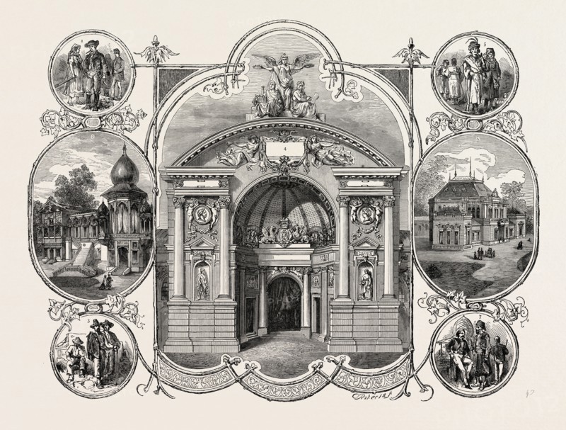 THE VIENNA EXHIBITION, AUSTRIA, 1873: 1. Moravian Workmen. 2. Eastern Pavilion. 3. Italian Workmen. 4. Western Entrance. 5. Hungarian Workmen. 6. Jury Pavilion. 7. Turkish Workmen