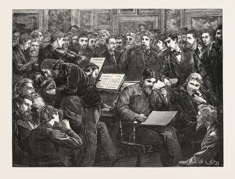 AN ARTISTS' SOIREE: A SKETCH AT THE HOGARTH CLUB, UK, 1873