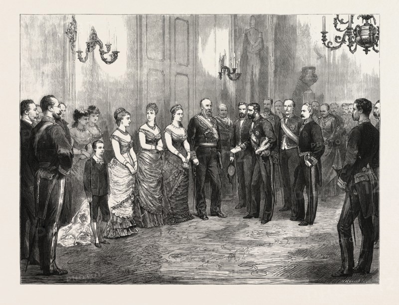THE BETROTHAL OF THE KING OF SPAIN: THE KING'S ENVOY FORMALLY ASKING THE DUKE OF MONTPENSIER FOR THE HAND OF THE INFANTA MERCEDES, 1878