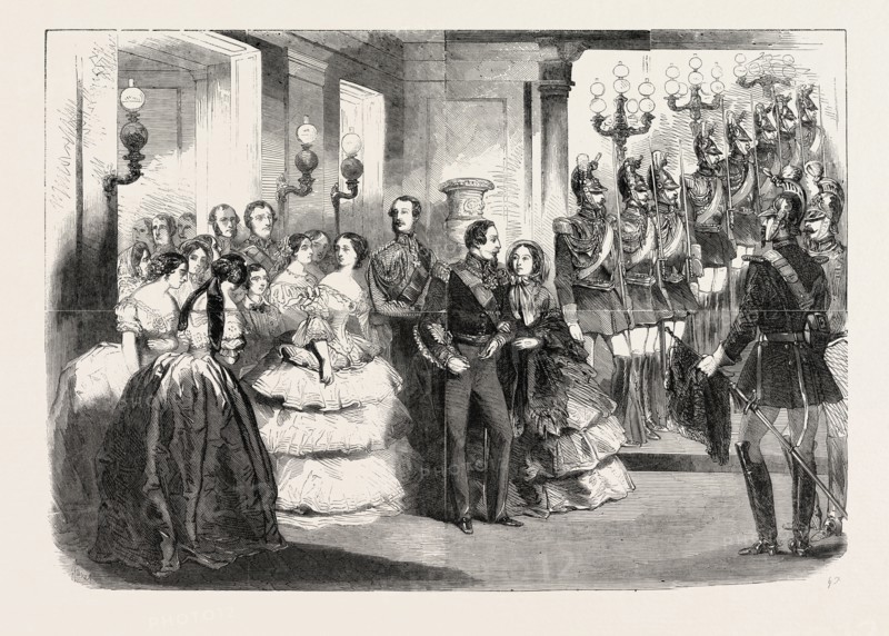 THE ROYAL AND IMPERIAL PARTY ASCENDING THE GRAND STAIRCASE OF THE PALACE OF SAINT CLOUD, FRANCE, 1855