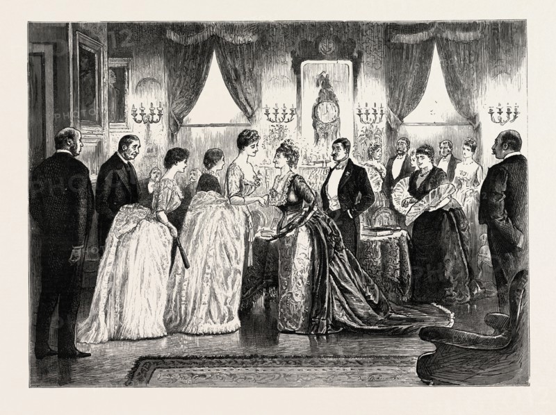 DRAWN BY GEORGE DU MAURIER, THE PARTY. George Louis Palmella Busson du Maurier, French born, British artist and cartoonist, 1834-1896, 1888 engraving