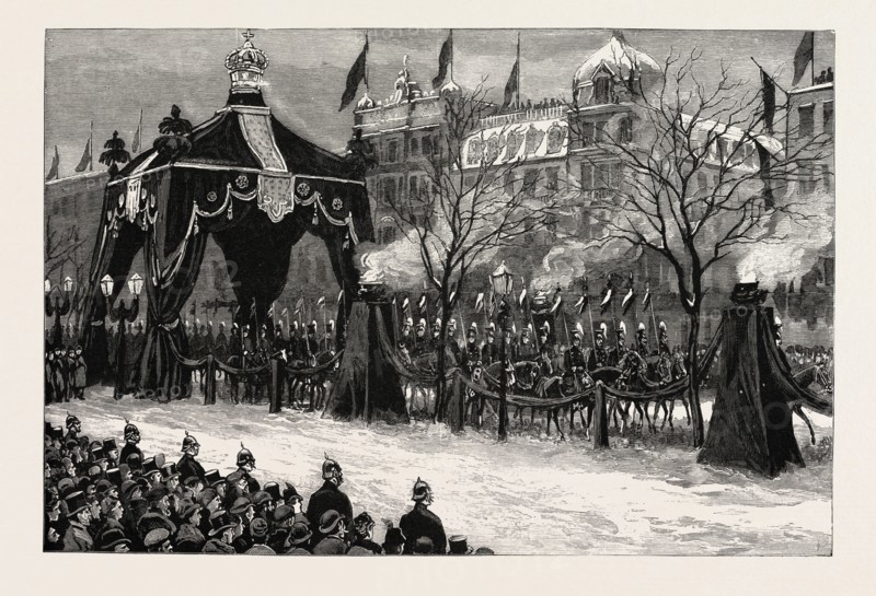 THE DEATH OF THE EMPEROR WILLIAM,THE PROCESSION PASSING THROUGH THE FUNERAL ARCH IN UNTER DEN LINDEN, BERLIN, GERMANY, 1888 engraving