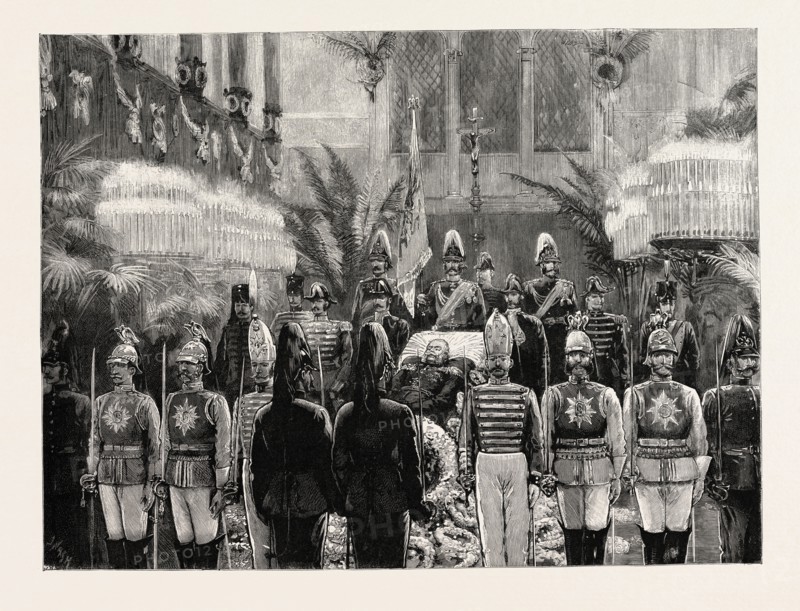 THE FUNERAL OF THE LATE EMPEROR WILLIAM AT BERLIN THE LYING IN STATE IN THE CATHEDRAL, GERMANY, 1888 engraving