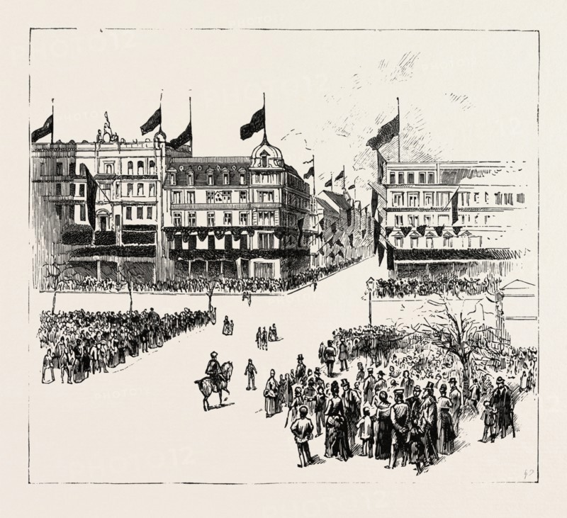 UNTER DEN LINDEN, THE DEATH OF THE LATE EMPEROR WILLIAM, GERMANY, 1888 engraving