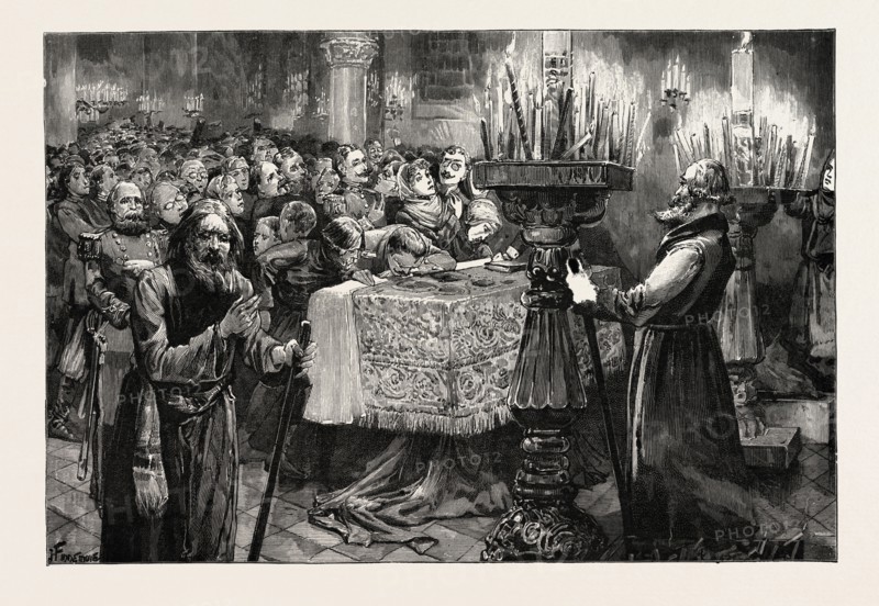EASTER SERVICES IN SOUTH RUSSIA, KISSING THE BODY OF CHRIST, 1888 engraving