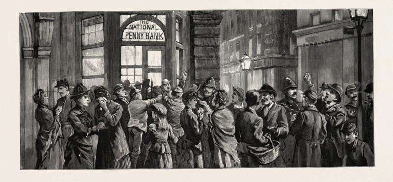 THE RUN ON THE NATIONAL PENNY BANK, STRUTTON GROUND, WESTMINSTER DEPOSITORS CLAIMING THEIR MONEY, LONDON, UK, britain, united kingdom, u.k., great britain, 1888 engraving