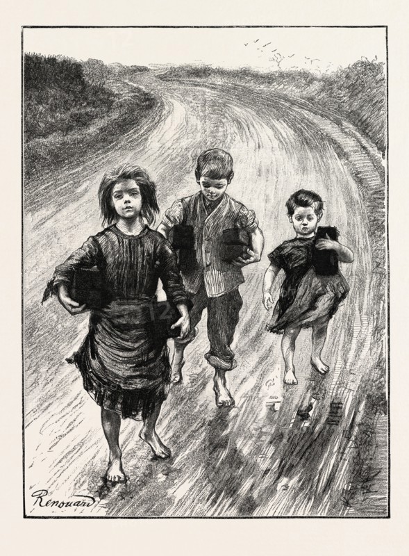 CHILDREN CARRYING TURF TO PAY THEIR SCHOOL FEES, IRELAND, 1888 engraving