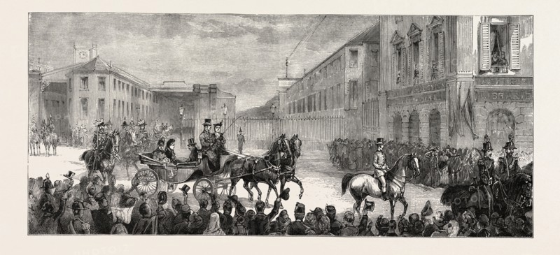 ARRIVAL OF THE QUEEN THE ROYAL PARTY LEAVING THE RAILWAY STATION, THE QUEEN AT FLORENCE, ITALY, 1888 engraving