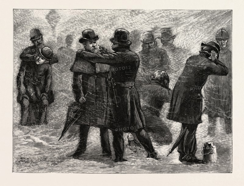 BLIZZARD IN NEW YORK, A POLICEMAN RUBBING SNOW ON THE FROZEN EARS OF A PASSER BY DURING THE STORM, US, USA, America, United States, 1888 engraving