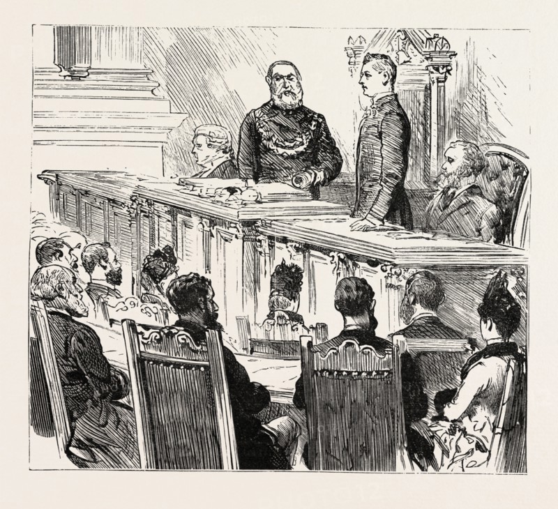 PRESENTATION OF THE FREEDOM OF THE BORORGH OF BIRMINGHAM TO MR. CHAMBERLAIN IN THE COUNCIL HOUSE, UK, britain, united kingdom, u.k., great britain, 1888 engraving