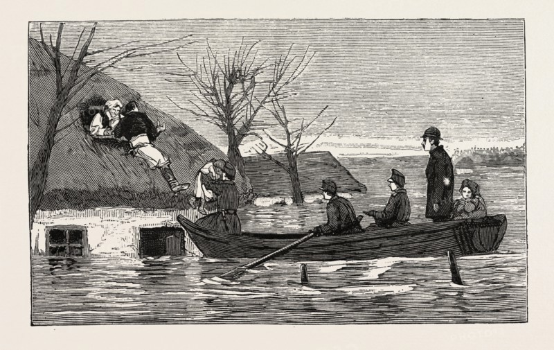 RESCUING A FAMILY FROM THE ROOF OF THEIR HOUSE, MOGILA, GALICIA, SPAIN, 1888 engraving