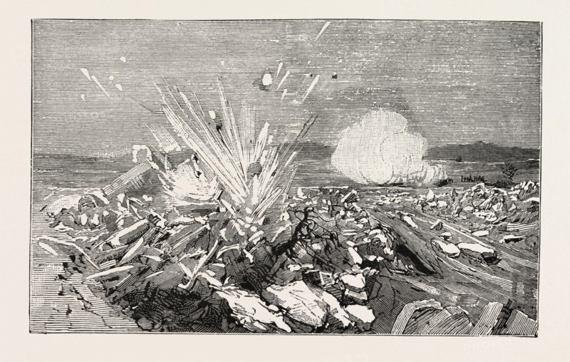 AUSTRIAN ARTILLERY DEMOLISHING BY CANNON SHOT A DAM OF ICE ON THE VISTULA AT NIEPOLOMICE, GALICIA, SPAIN, 1888 engraving
