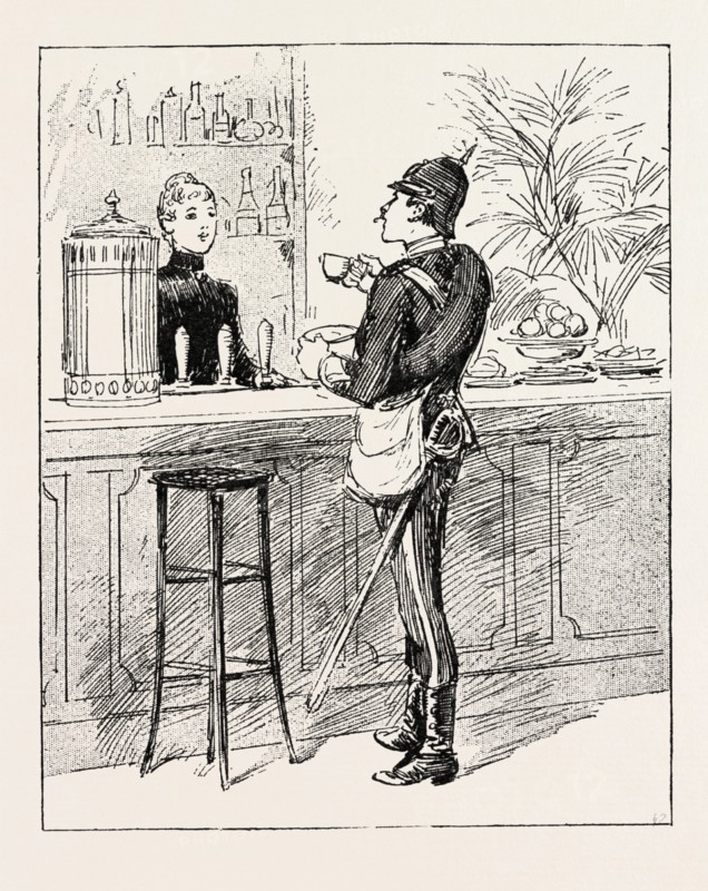 ARRIVING IN LONDON I JUST SWALLOW A CUP, UK, britain, united kingdom, u.k., great britain, 1888 engraving