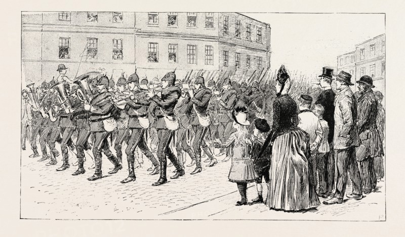 IT WAS A BRIGHT CHEERFUL MORNING WHEN, ON ARRIVAL, WE MARCHED THROUGH THE TOWN TO THE REVIEW, 1888 engraving