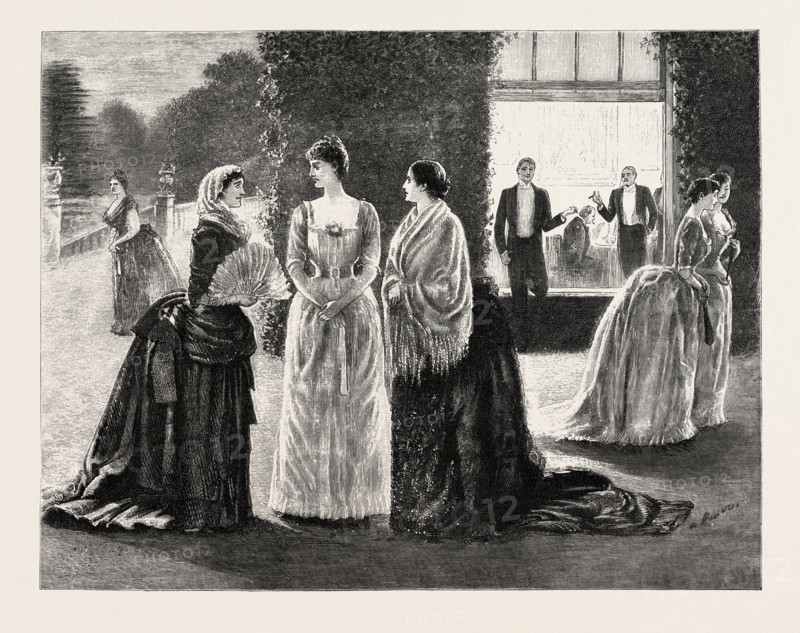 DRAWN BY GEORGE DU MAURIER, THE MEETING.  George Louis Palmella Busson du Maurier, French born, British artist and cartoonist, 1834-1896, 1888 engraving
