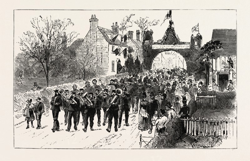 THE PROCESSION ENTERING THE VILLAGE, GOLDEN WEDDING OF LORD AND LADY CRANBROOK AT HEMSTED PARK, KENT, UK, britain, united kingdom, u.k., great britain, 1888 engraving
