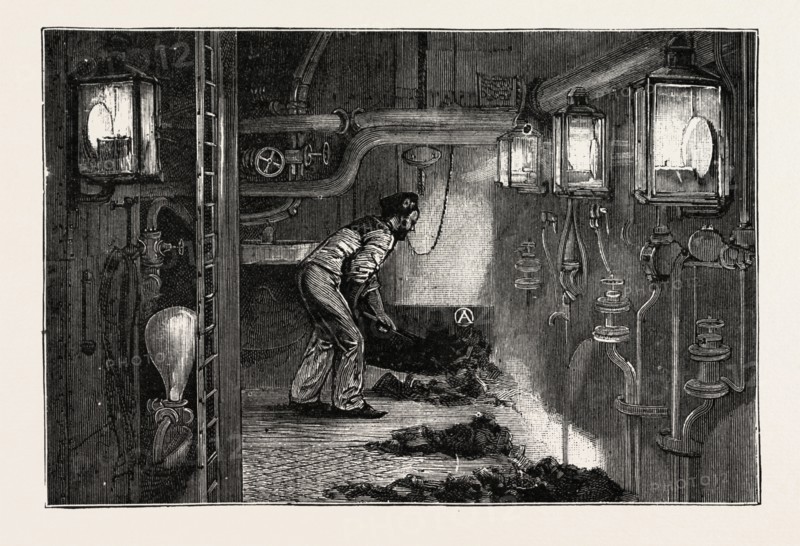 TORPEDO GUN BOAT, THE STOKE HOLE, 1888 engraving