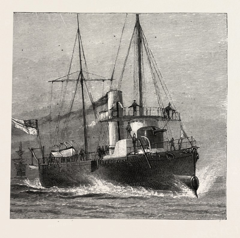 TORPEDO GUN BOAT, FULL SPEED-2O KNOTS AN HOUR, 1888 engraving