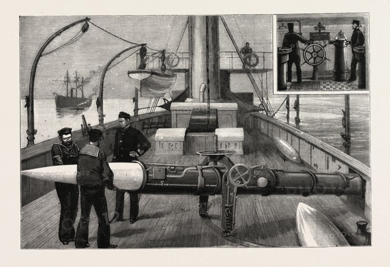 TORPEDO GUN BOAT, LOADING A TORPEDO TUBE ON THE UPPER DECK, LOOKING FORWARD, 1888 engraving