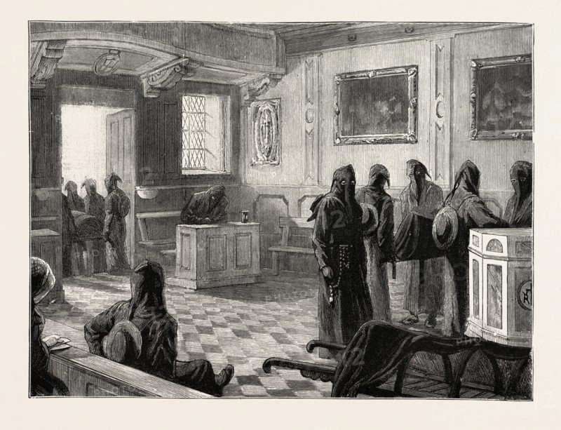THE QUEEN AT FLORENCE, ITALY, THE CHAPEL OF THE MISERICORDIA BROTHERS OF MERCY ASSEMBLING FOR THEIR DUTIES, 1888 engraving