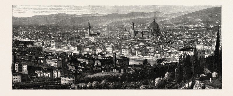GENERAL VIEW OF FLORENCE FROM THE HEIGHTS OF SAN MINIATO, THE QUEEN AT FLORENCE, ITALY, 1888 engraving