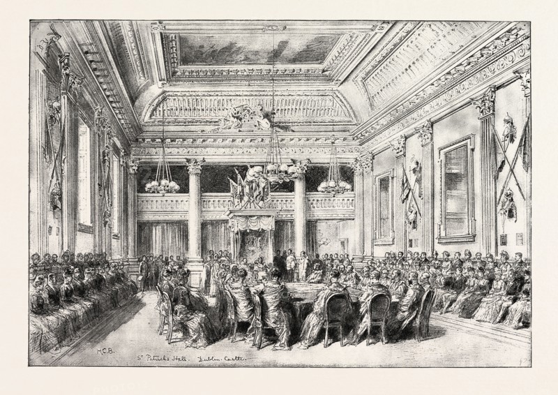 DUBLIN CASTLE, IRELAND, AN INVESTITURE OF THE ORDER OF ST. PATRICK IN ST. PATRICK'S HALL, 1888 engraving