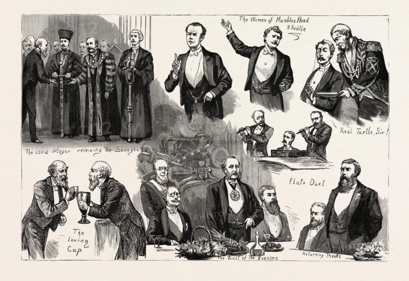 THE LORD MAYOR'S BANQUET TO THE SAVAGE CLUB AT THE MANSION HOUSE, 1888 engraving
