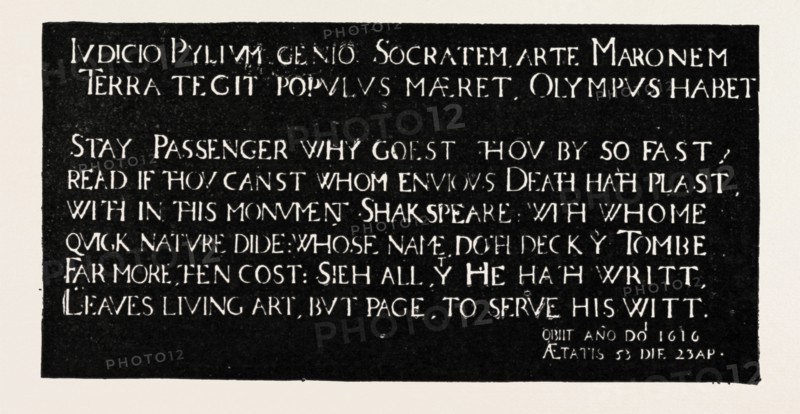 INSCRIPTION ON THE MEMORIAL TABLET TO SHAKESPEARE, HOLY TRINITY CHURCH, STRATFORD-ON-AVON, 1888 engraving
