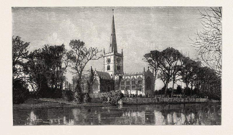 HOLY TRINITY CHURCH, IN HERE SHAKESPEARE IS BURIED From the River Avon, UK, britain, united kingdom, u.k., great britain, STRATFORD-ON-AVON, 1888 engraving