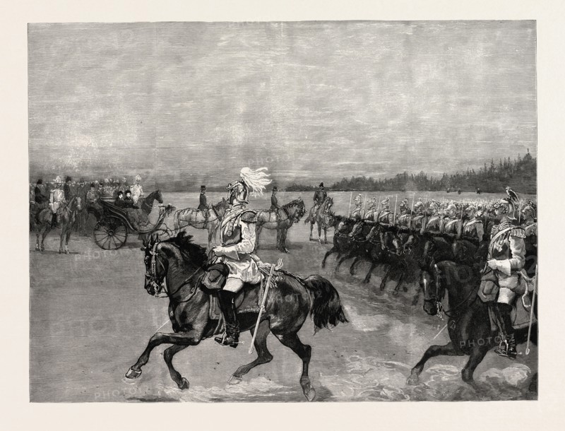 REVIEW OF THE GARDE DU CORPS BEFORE THE QUEEN, THE EMPRESS VICTORIA, AND THE ROYAL FAMILY BERLIN GERMANY, 1888 engraving