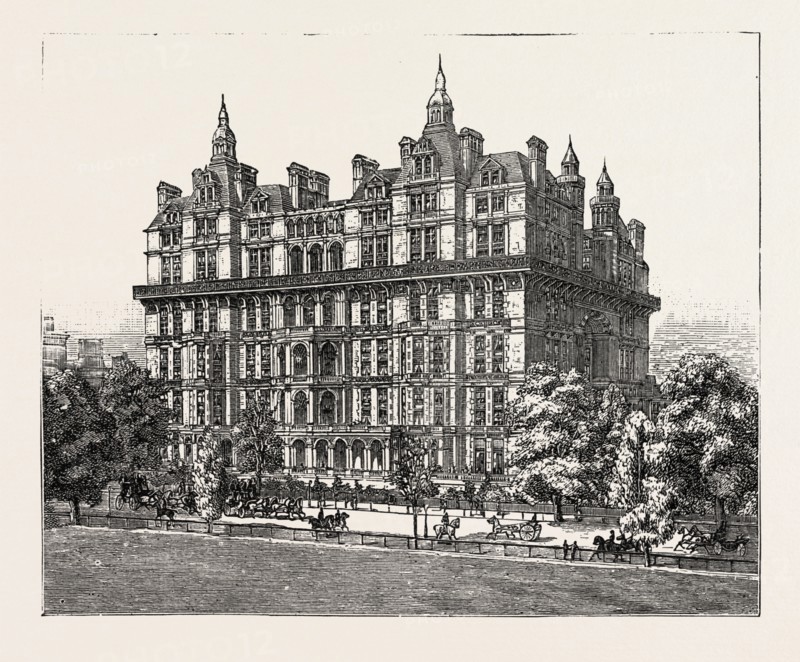 THE NEW BUILDINGS AT ALBERT GATE LONDON , UK, britain, united kingdom, u.k., great britain, 1888 engraving