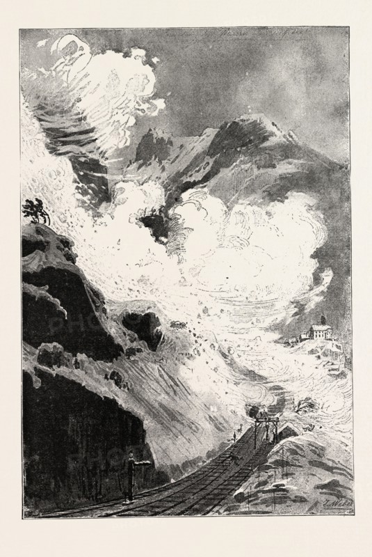 AN AVALANCHE AT WASSEN, VALLEY OF REUSS, CANTON URI, SWITZERLAND, 1888 engraving