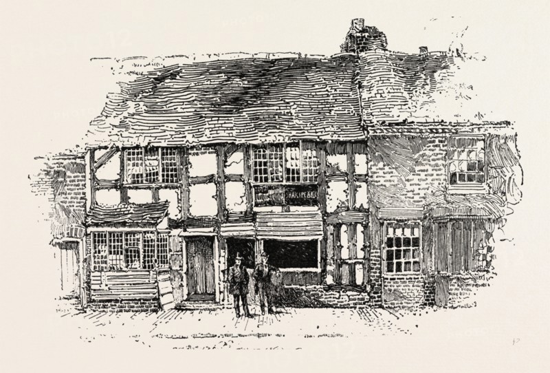 HOUSE IN WHICH SHAKESPEARE WAS BORN As it was before the Restoration, STRATFORD-ON-AVON, UK, britain, united kingdom, u.k., great britain, 1888 engraving