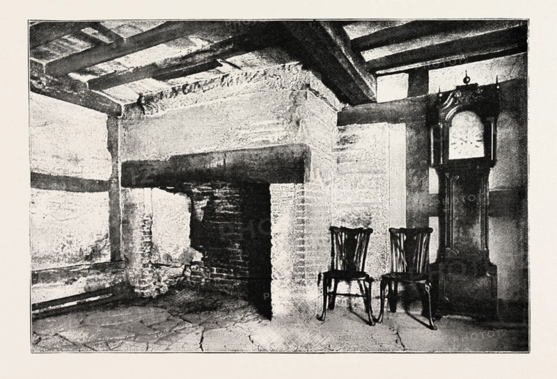 KITCHEN OF THE HOUSE IN WHICH SHAKESPEARE WAS BORN, STRATFORD-ON-AVON, UK, britain, united kingdom, u.k., great britain, 1888 engraving